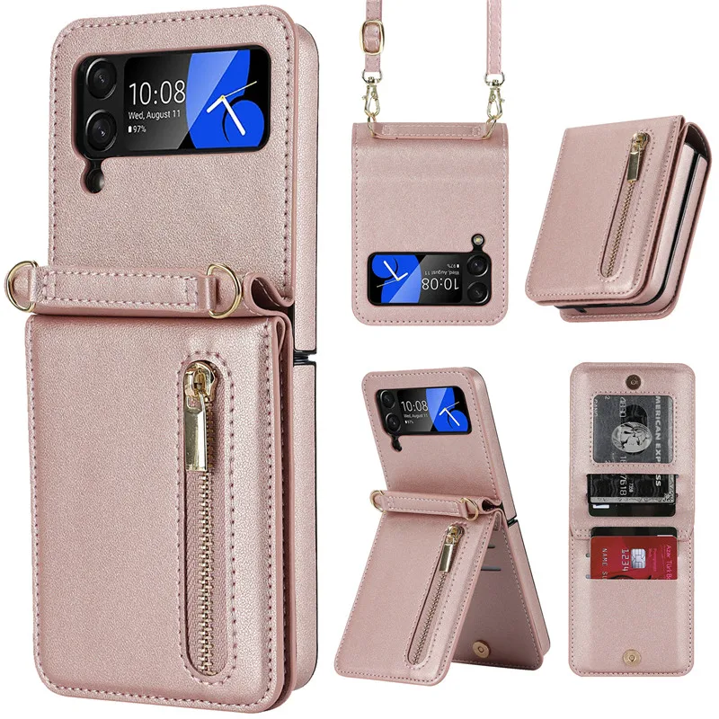 

for Funda Samsung Galaxy Z Flip 4 5 Z Flip 3 Case Luxury Card Slot Phone Holder Zipper Wallet Crossbody Cover Folding Case Coque