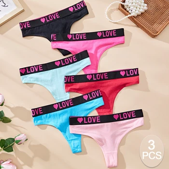 3PCS Low Waist Love Heart Panties Women'S Cotton Underwear Lingeries Sexy Hot Thongs Soft Solid Color Letter Belt G-String