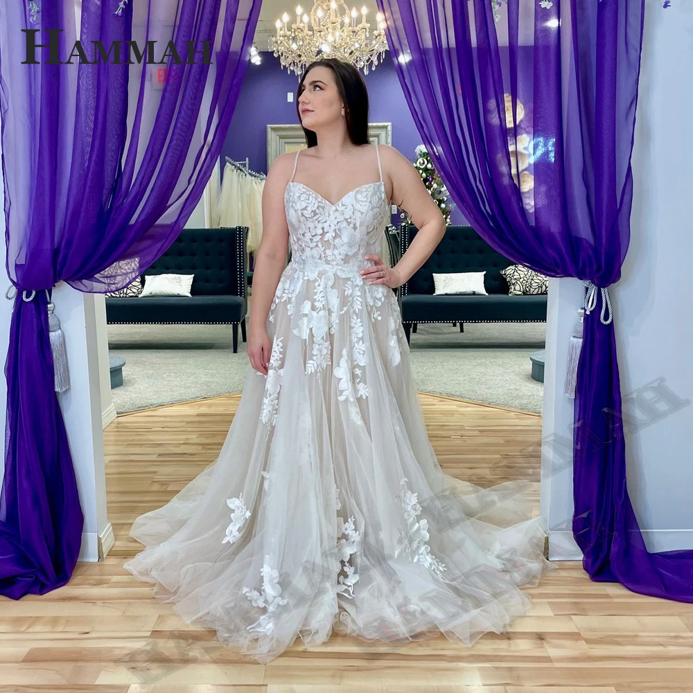 

HAMMAH Stylish Appliques Wedding Dresses For Mariages Spaghetti Strap V Neck Backless Tulle A Line Sleeveless Sweep Train