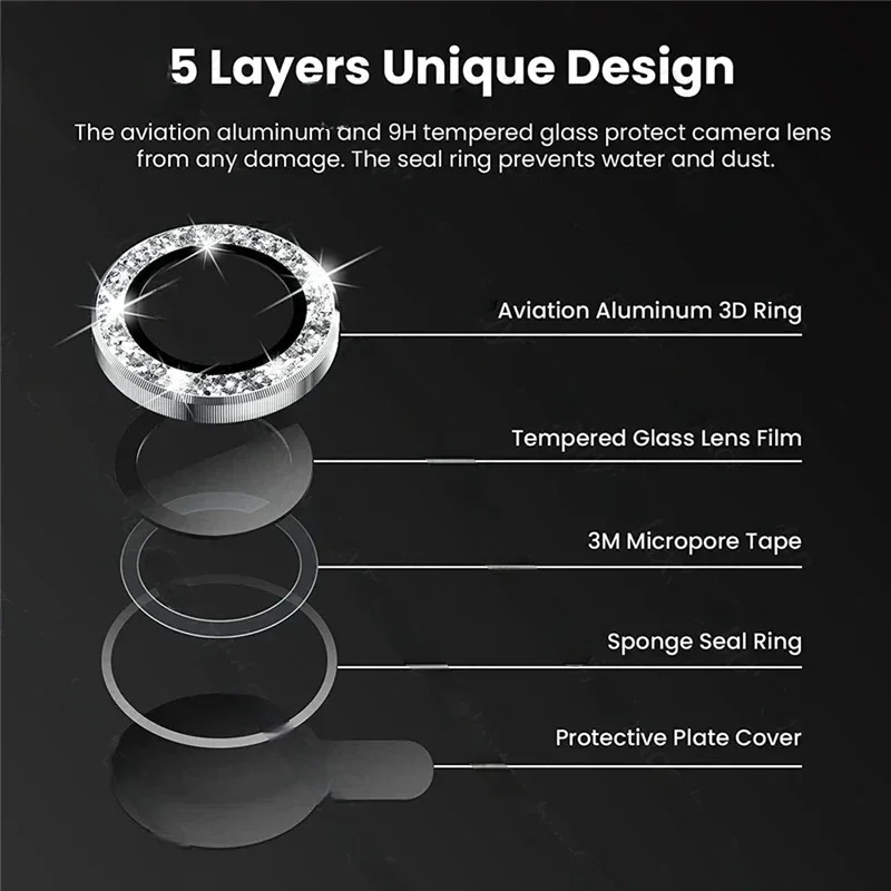 Glitter Diamond Metal Camera Protector Ring Case with Tempered Glass Lens