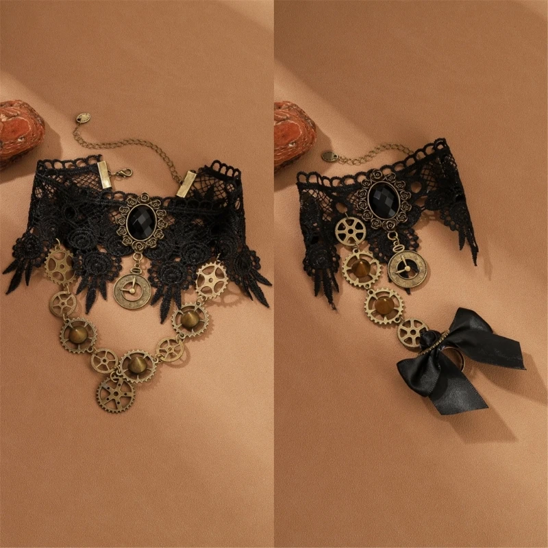 

Gothic Bracelets Collar Black Chocker Necklace Chain Embroidered Lace Hand Beading Wristband Crystal for Masquerades