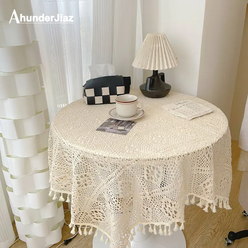 

AhunderJiaz Retro Hollow Fringe Lace Tablecloth Cotton Thread Round Table TV Cabinet Cover Cloth Living Room Home Decoration