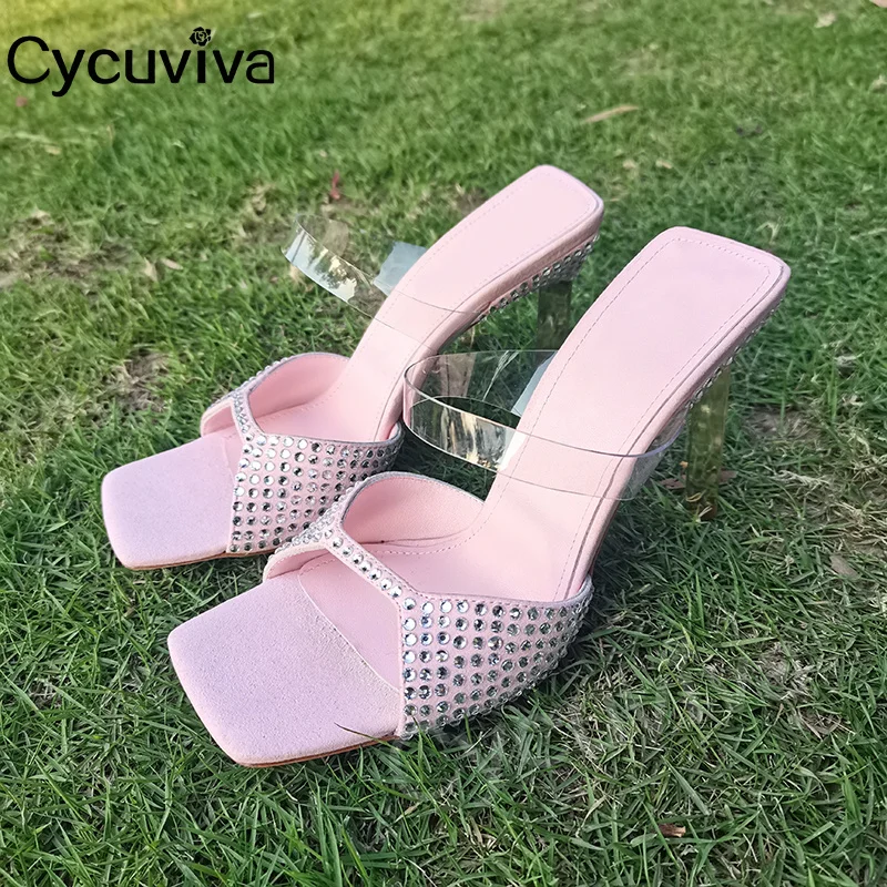 

Summer Crystal Strange Heel Women Slippers Square Toe Satin Designer Slides High Heel Party Shoes Women Brand Sandalias Mujer