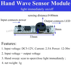 Enhanced Hand Wave Sensor Switch Module with Adjustable Brightness and Short-Distance Sensing for DIY LED Projects - DC5V/12V, 2.5A (Hand wave IM 5-12v)