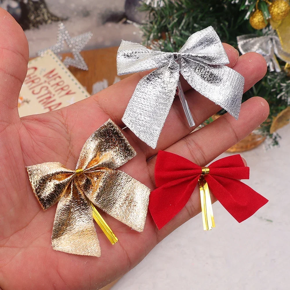 240/12PCS Mini Christmas Bow Ornaments Red Gold Xmas Tree Hanging Pendant DIY Craft New Year Home Party Decoration Bowknot Gifts 2
