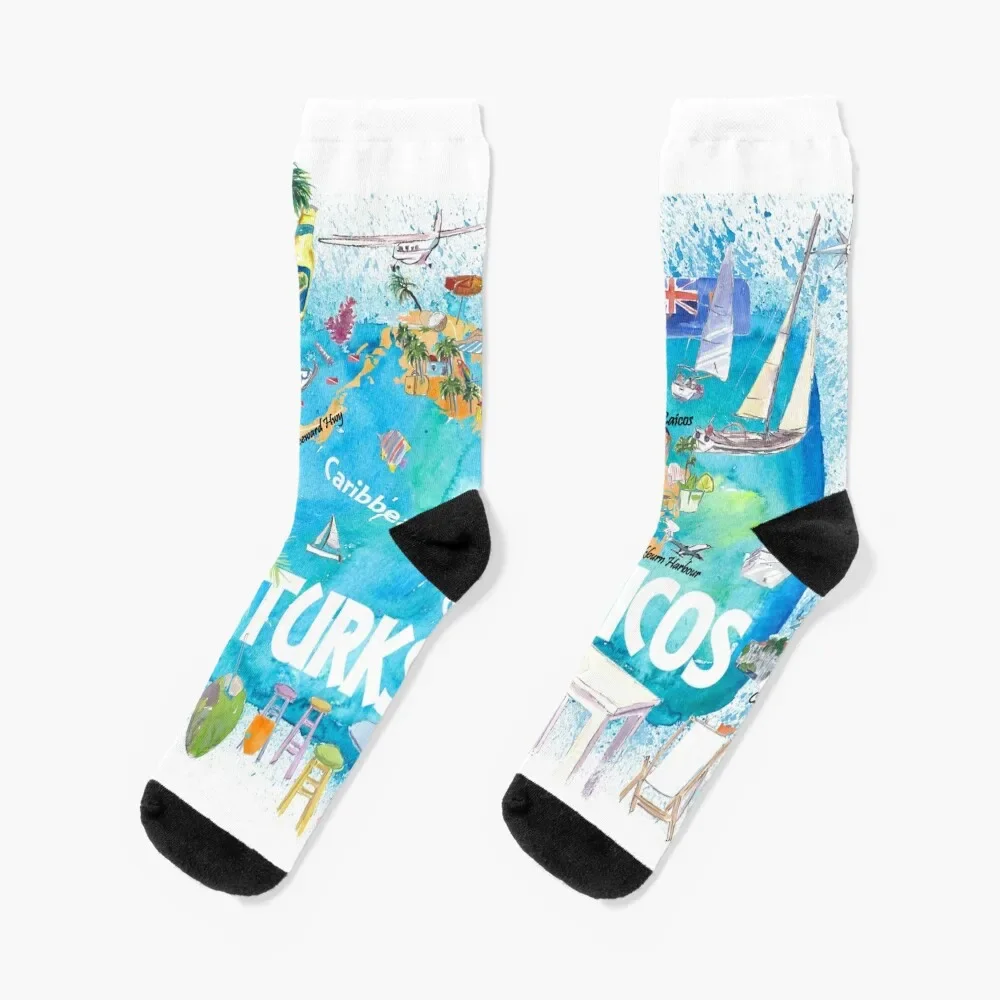 Turks & Caicos Antilles Illustrated Travel Map with Roads and Highlights Socks gifts christmass gift Socks Ladies Men's