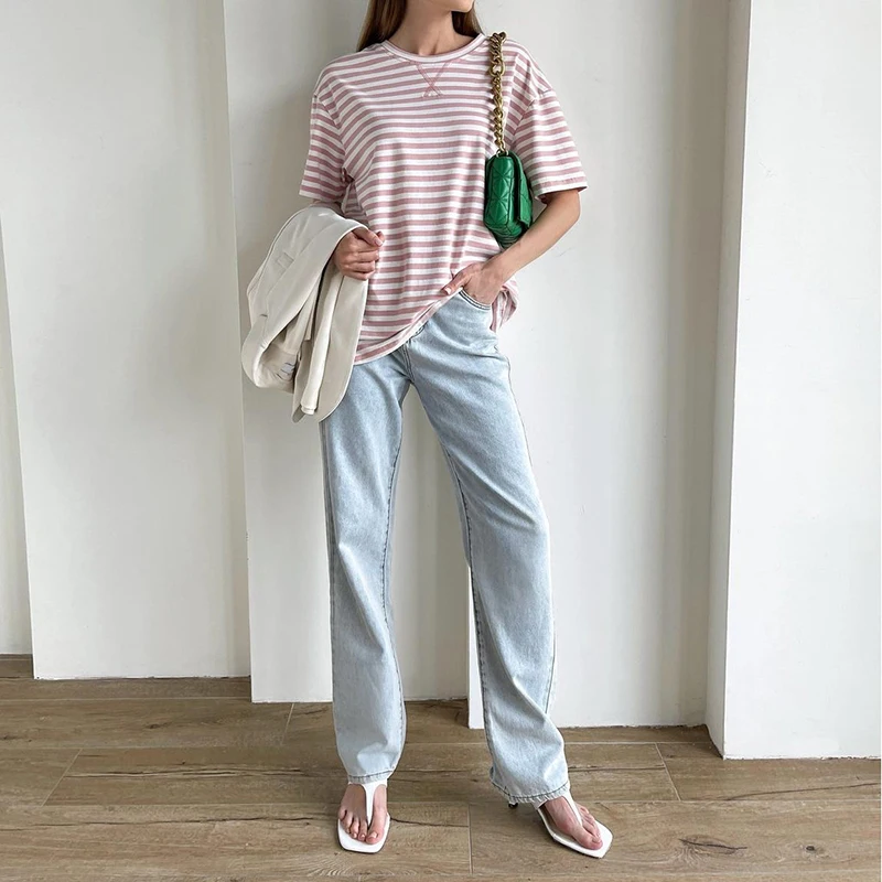 Yiyiyouni Knitted Basic Striped T-Shirts Women Summer Short Sleeve Casual Tops Female Cozy Loose Cotton Tees 2022 Harajuku Shirt tee shirts