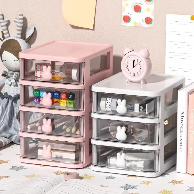 

Storage Box Desktop Organization Makeup Box Cartoon Rabbit Transparent Small Drawer Plastic Mini Bedroom Classroom Exquisite