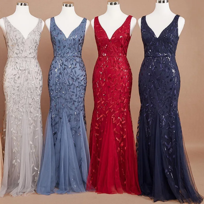 Sleeveless V-neck Tulle Sequins Tail Dresses V-back Mermaid Party Prom Gowns Plus Dresses Woman Party Night evening dress