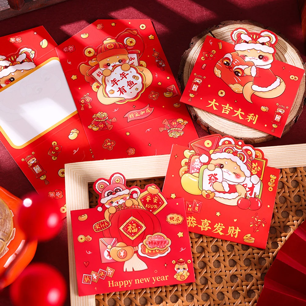 Cute Cartoon Snake Greeting Cards 10Pcs 3D New Year's Three Folding Greeting Card Envelope Gift Spring Festival Supplies