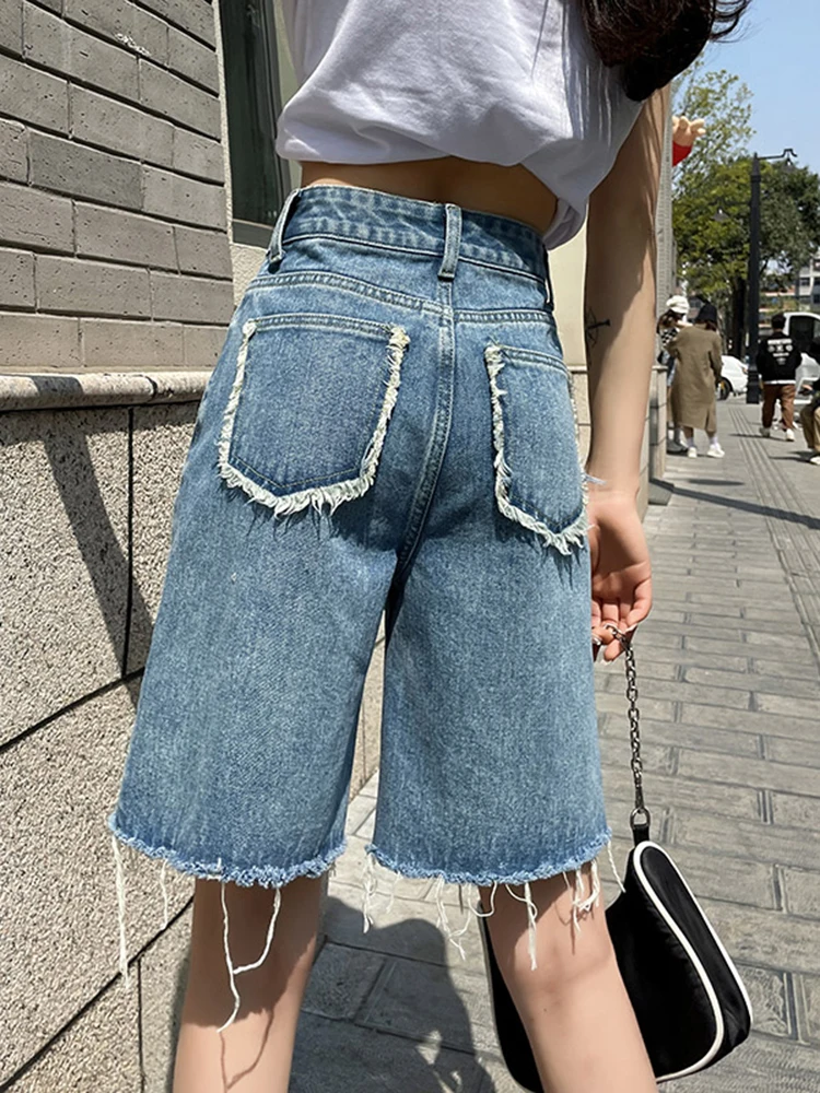

DFRCAEG 2024 Summer Jean Shorts Women Street Wear High Waist Burrs Wide Leg Half Length Bermuda Denim Shorts Female Hot Sale