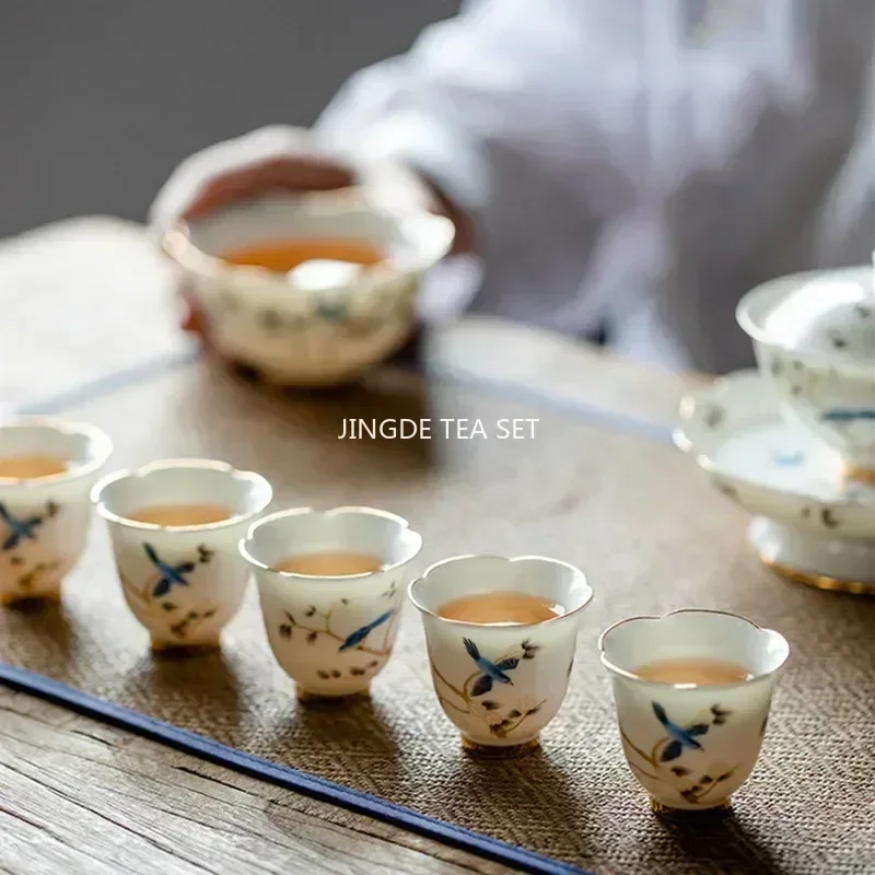 40ml Chinese Ceramic Teacup Master Handmade Suede Jade White Porcelain Tea Bowl Hand-Painted Bird Tea Cup Household Tea Set