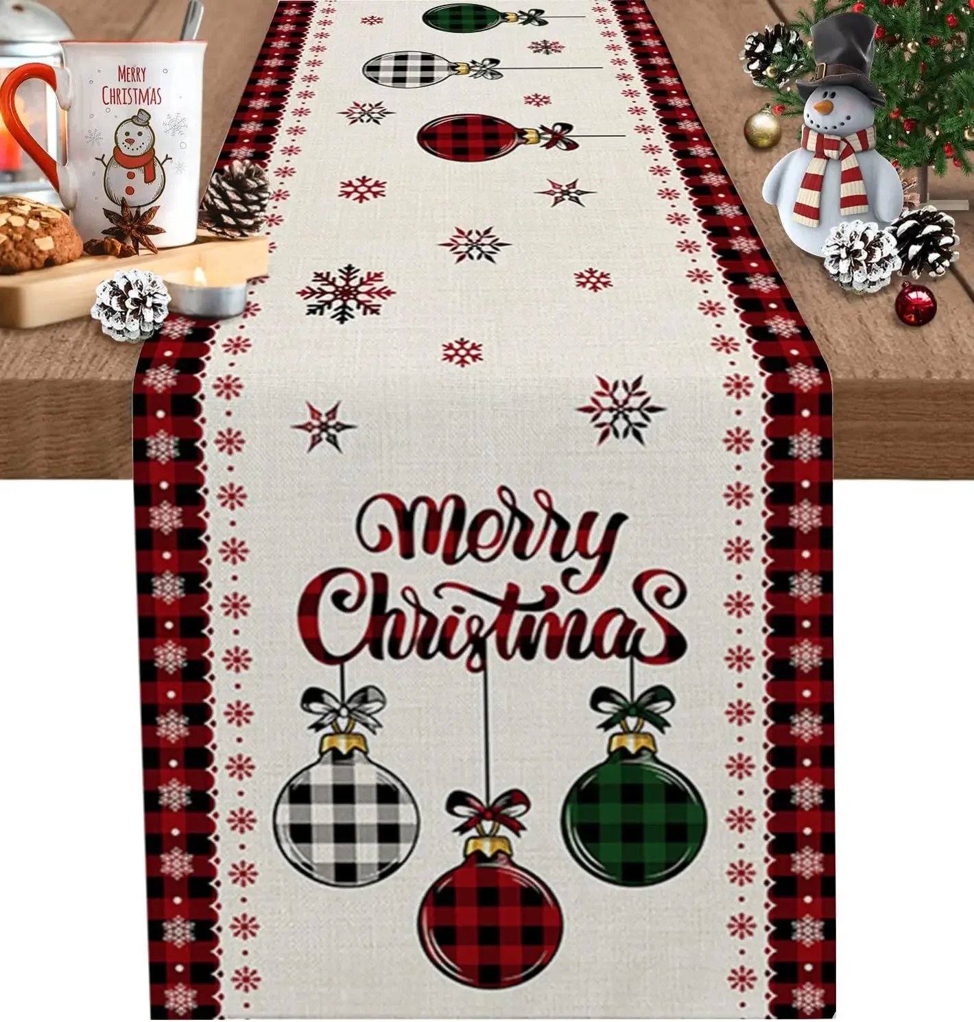 Camino De Mesa Navideño De Lino - 40x240 Cm, Diseño Con Copos De Nieve Y Muñecos De Nieve Rojos, Decoración Para Fiestas