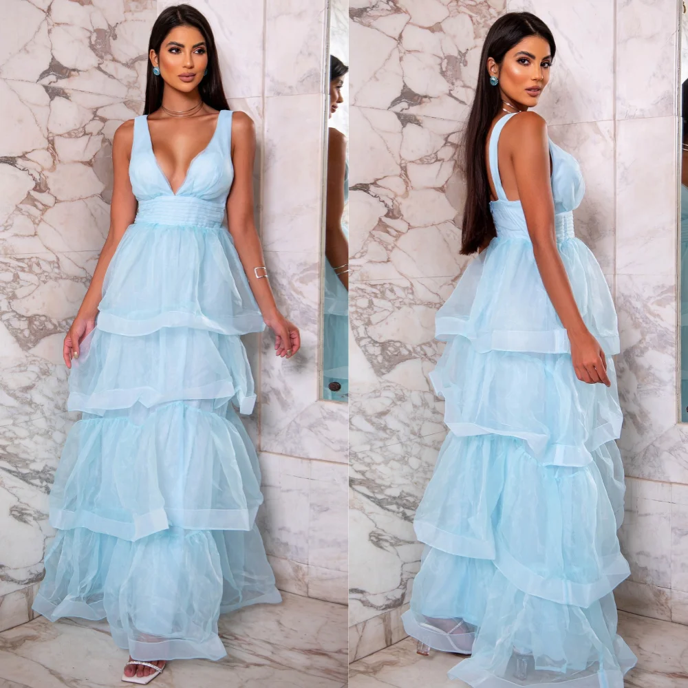 

Prom Dress Evening Saudi Arabia Organza Pleat Homecoming A-line V-neck Bespoke Occasion Gown Long Dresses