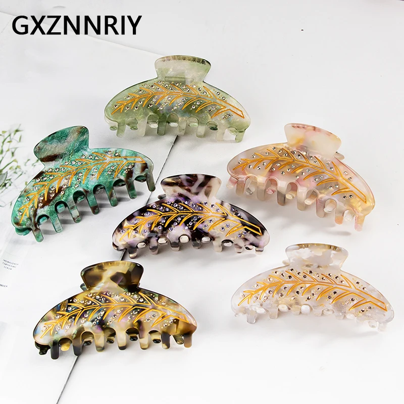 

Fashion 9.7cm Leaf Acrylic Hair Claw Clips for Women Hair Accessories Rhinestone Hairpin Crab Hairclips Party Headwear Gift