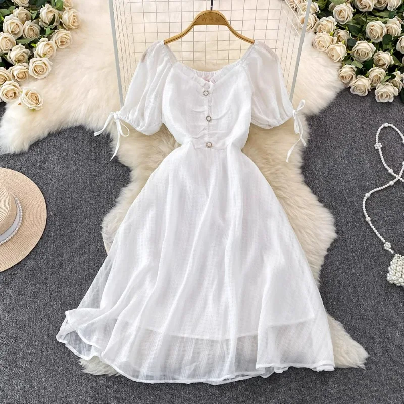 

Женское винтажное шифоновое платье, облегающее платье с квадратным вырезом, коротким рукавом и пуговицами, лето 2024