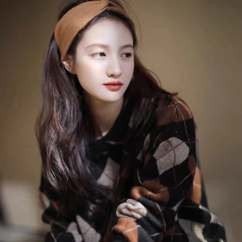 여성용 두꺼운 라운드 넥 캐시미어 니트웨어, 마름모 패치워크 색상, 루즈 슬리밍 대형 울 베이스 스웨터, 가을 및 겨울