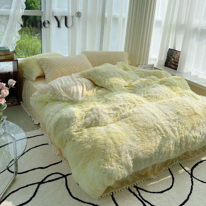 JaneYU Padded Warm Milk Velvet 4Pcs Bedding Set Double-sided Coral Velvet Mink Velvet Plus Velvet Quilt Cover Bed Sk
