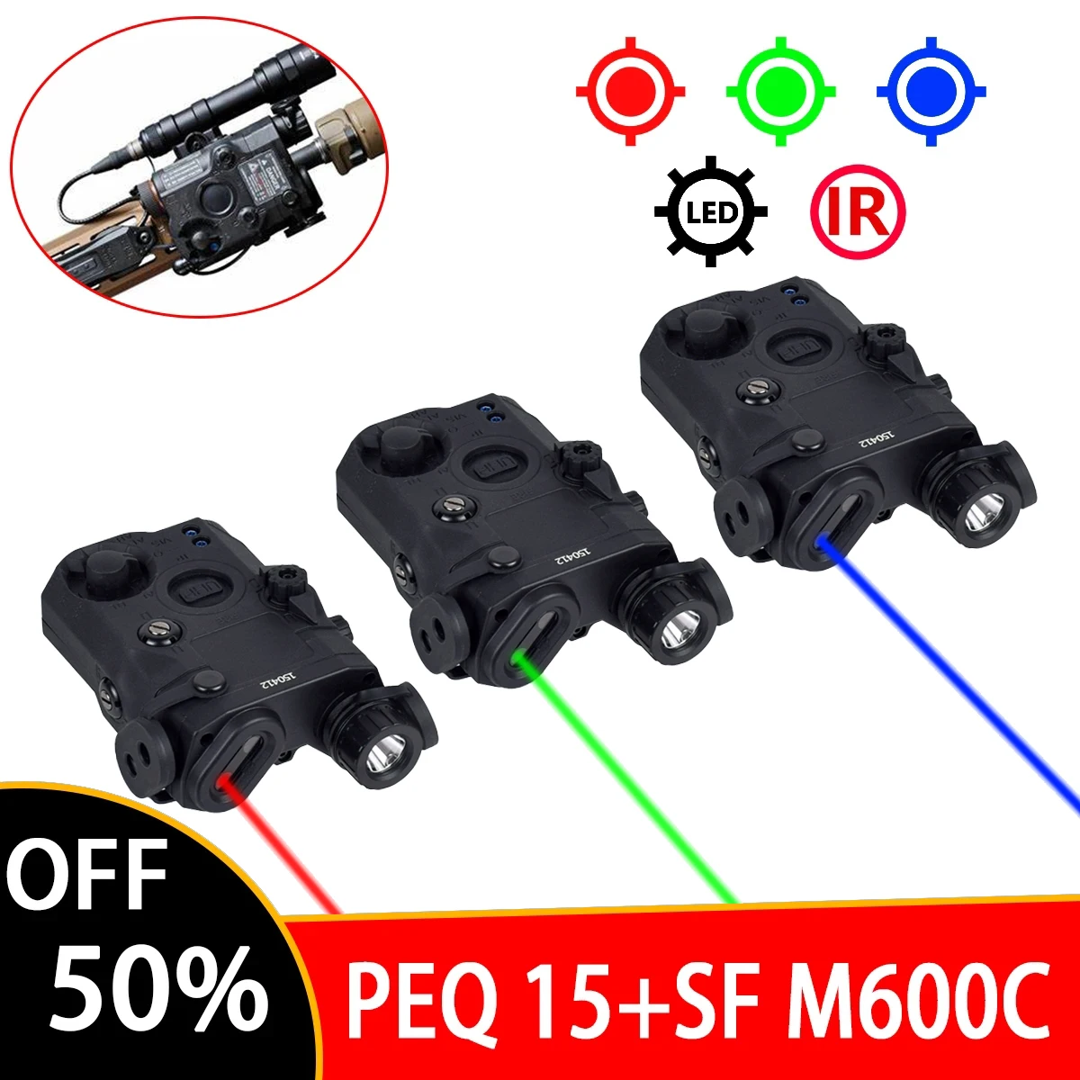 Lampe Torche PEQ-15 Tactique Avec Laser IR/Vert/Rouge - Compatible Picatinny Pour Airsoft