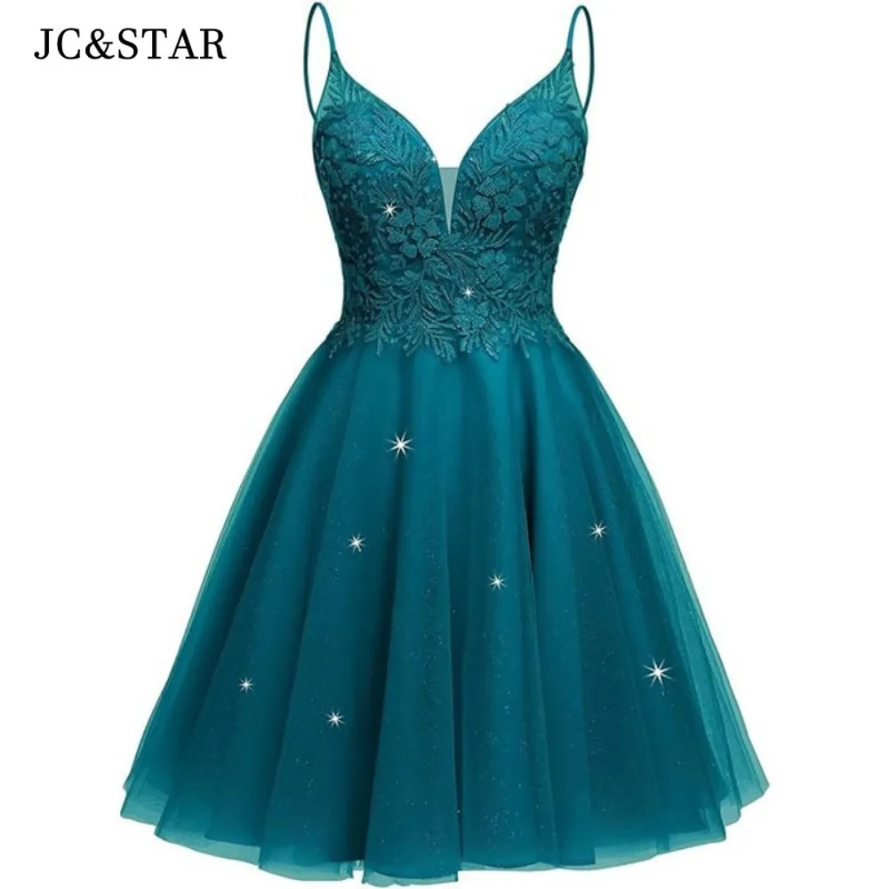 Royal Blue Chiffon Stickers Sexy Deep V Neck Thin Shoulder Straps Cocktail Dresses Shiny Alumni Party Dress Short Prom Robes
