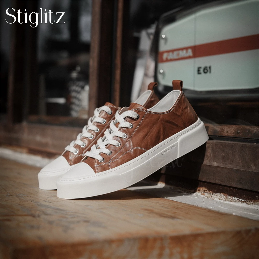 Genuine Leather Men's Sneakers Lace-Up Round Toe Comfortable Casual Shoes Height Increase Multi-Color Breathable Daily Footwear