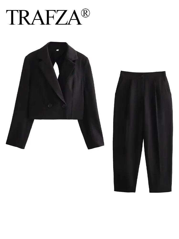 TRAFZA Women Elegant 2 Piece Set Chic High Waist Pockets Zipper Buttons Long Pant+Long Sleeve Lapel Hollow Backless Jacket Coat sell well two buttons notch lapel charcoal groom tuxedos groomsmen men s wedding wear suits best man dress free shipping