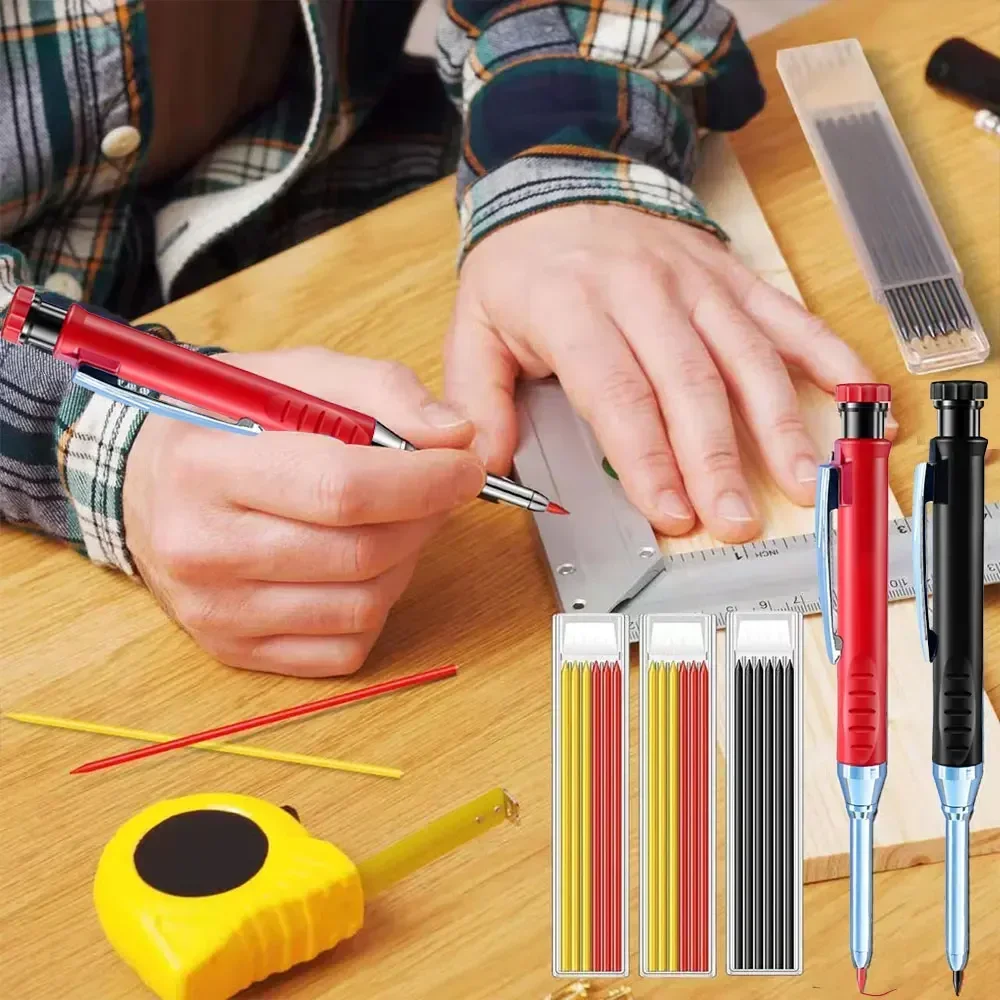 Solid Carpenter Pencils with 9Pcs 2.8mm Refills Deep Hole Mechanical Pencil Marker Construction Pencils with Built in Sharpener 3