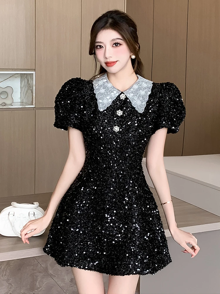 New Summer Princess Luxury Studded Drill High Waist Slim Black Dress for  Women Shinny Sequin Puff Sleeve Mini Dress - AliExpress 200000345