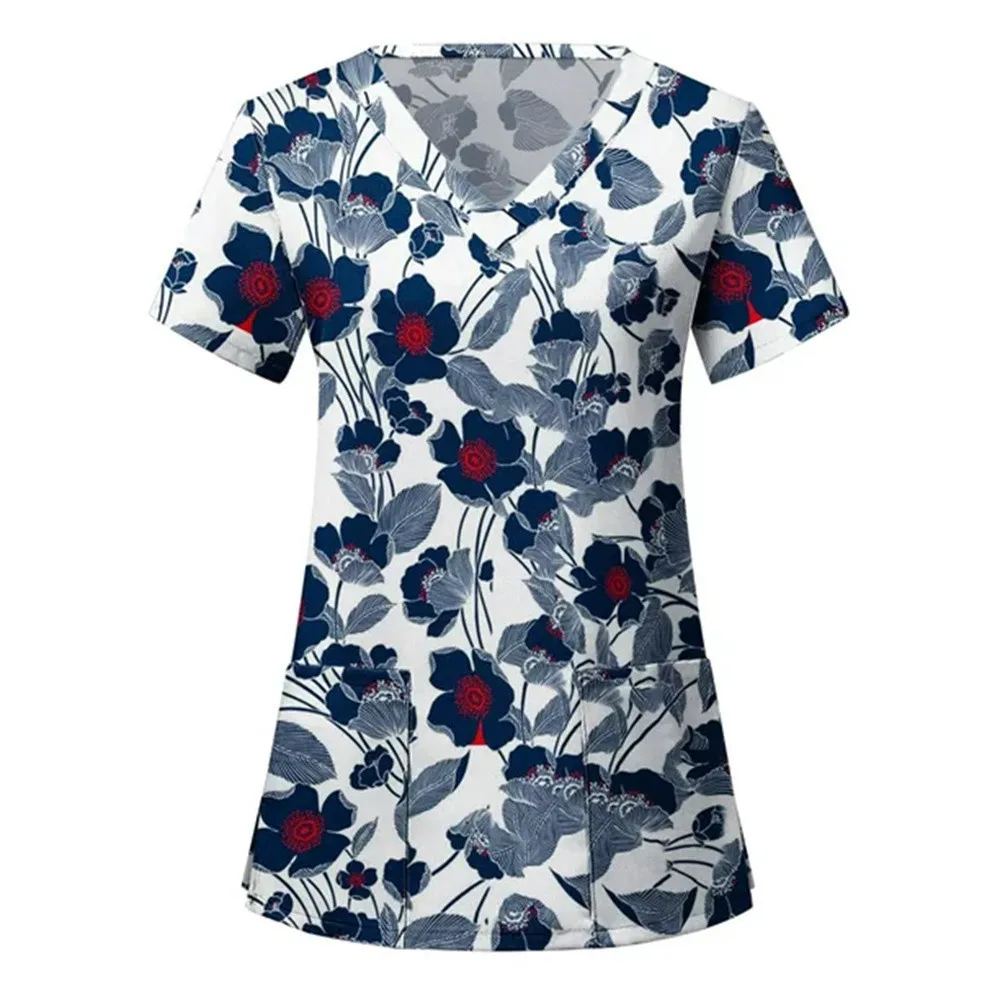 Damen Blumen druck V-Ausschnitt Tops Kurzarm Arbeits uniform Patch Taschen medizinische Krankens ch wester Uniform Damen bekleidung – Detail 13
