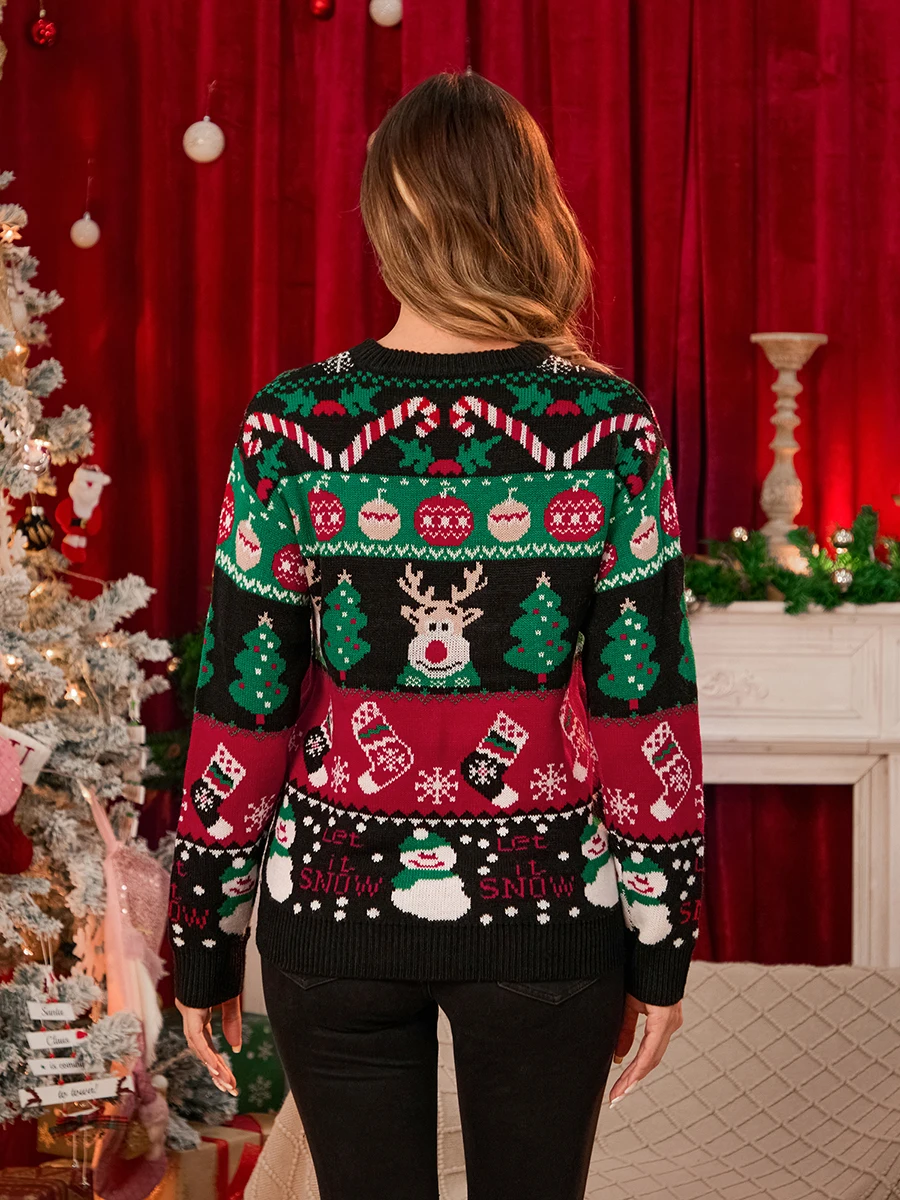 Women s Festive Reindeer Pattern Sweater with Ribbed Cuffs and Hemline Cozy Round Neck Knit Pullover for Christmas Cheer