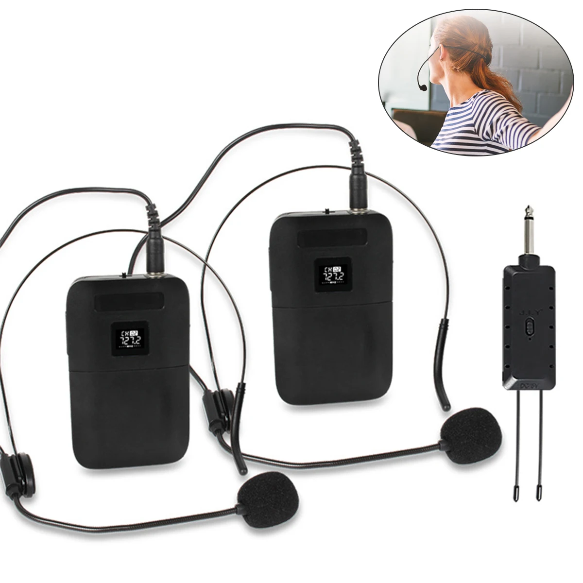 

Professional UHF Dual Channel Wireless Head-Mounted Microphone Kit for Meetings Teaching with 1 Receiver 2 Transmitters