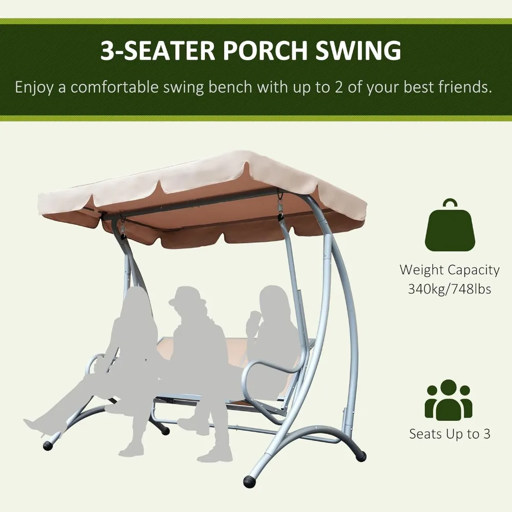 3 outdoor porch swing chairs, terrace swing glider with adjustable roof, breathable seats and steel frame, suitable for gardens 6