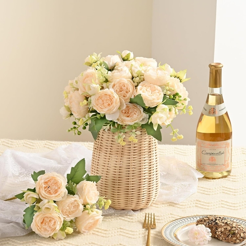 Artificial Rose Flower 5 Heads White Peony Festival Decoration Home Room Autumn Wedding Arch Wreath Garden Fake Plants Scrapbook