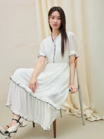 DUSHU Plus Size Women’s French Temperament V-neck Contrast Color Dress 2025 Summer New Gentle Style Age-reducing Dress 25DS82327