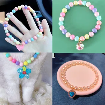 Cute Flower Cat Collar Pet Grooming Supplies Dog Cat Pearls Necklace Collar with Bling Heart Charm Pet Dog Jewelry Accessories