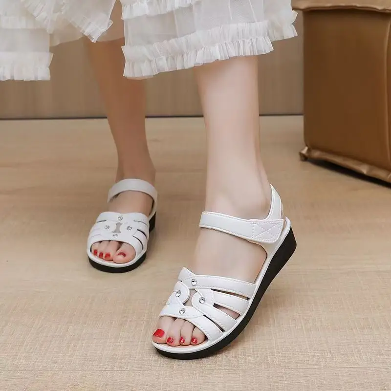 Shoes Flat With Open Toe Ankle Strap Velcro Plain Sandals Women's