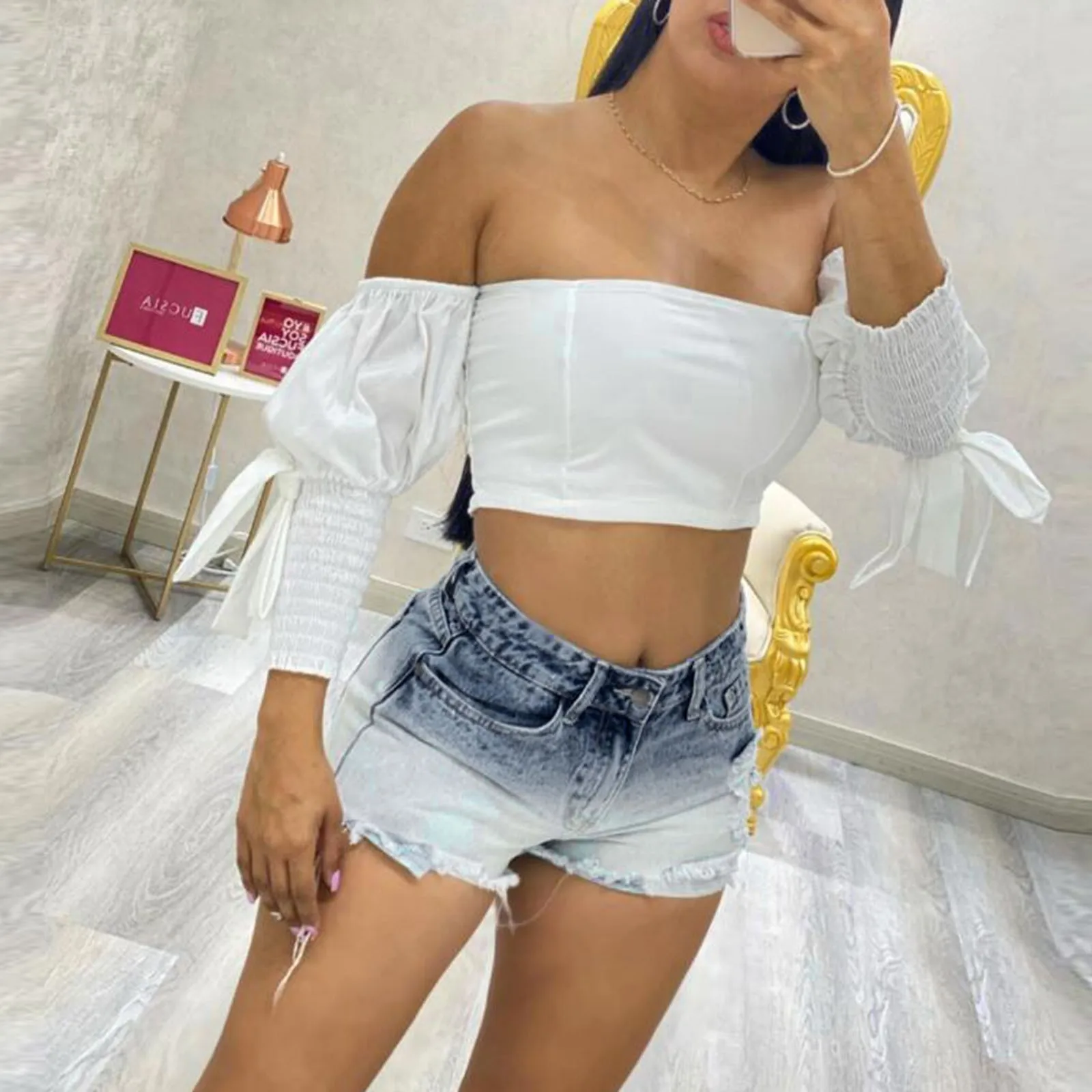 

Women Gradient Ripped Frayed Denim Shorts Mini Hot Jean Short Pants Mujer Spring Summer Mid Rise Folded Hem Casual Loose Cortos