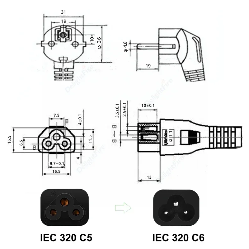 Universal EU Plug Power Cable with IEC C5 C13 Adapter Extension Cord