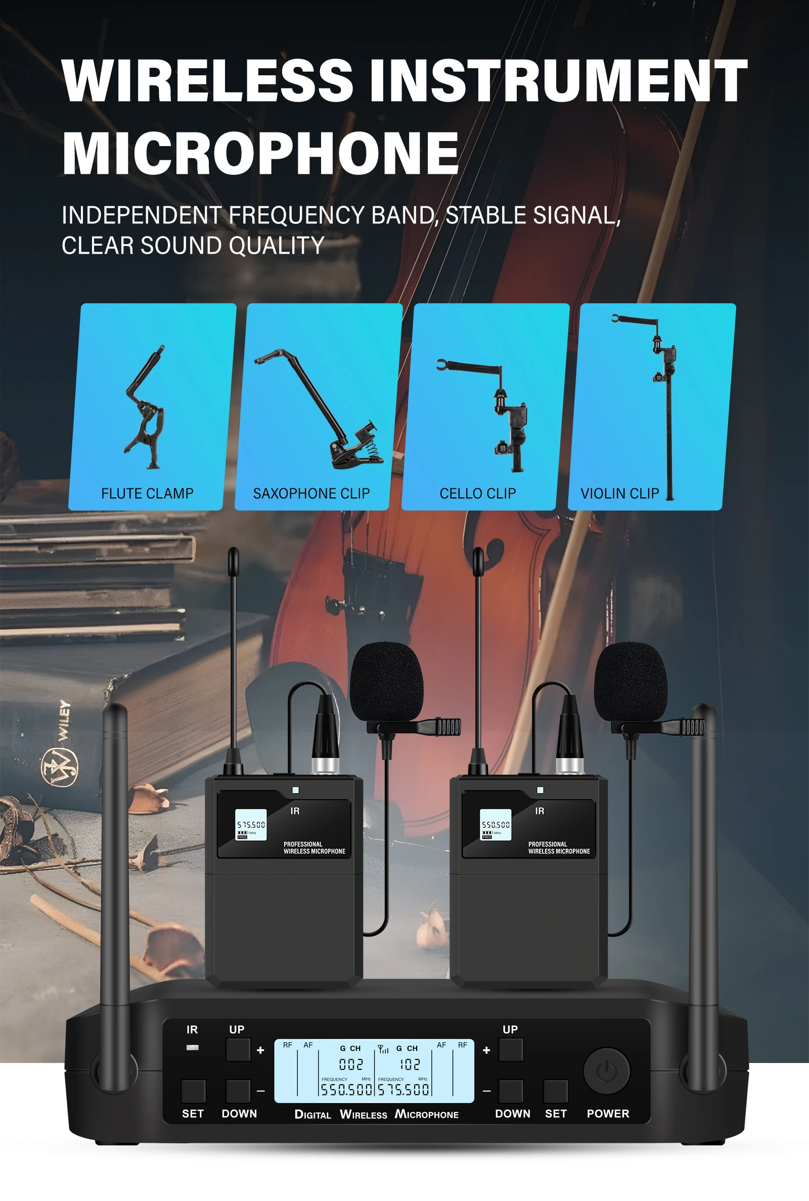 Professional Wireless Instruments Saxophone Microphone Lapel Microphone For Violin, Cello, Brass Percussion Mic