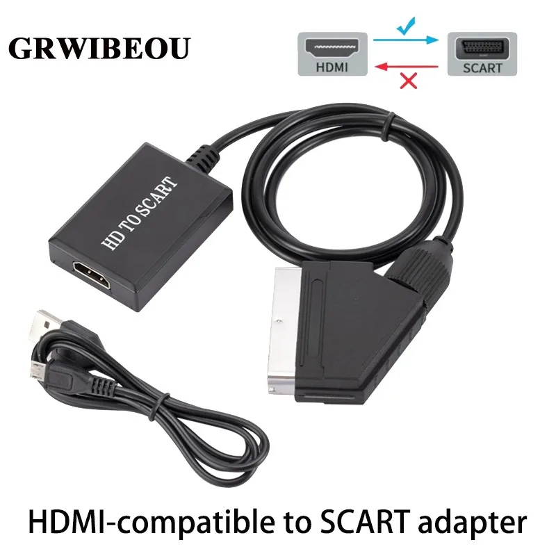 

GRWIBEOU HDMI-compatible To SCART Video Audio Converter Adapter for HD TV DVD for Sky Box STB Plug and Play Power Cable Upscale