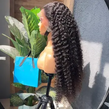 Deep Wave Black Color Soft Synthetic 13X4 HD Lace Frontal Wig For Black Women Prepucked Bleach Knots Glueless Wig Daily Party