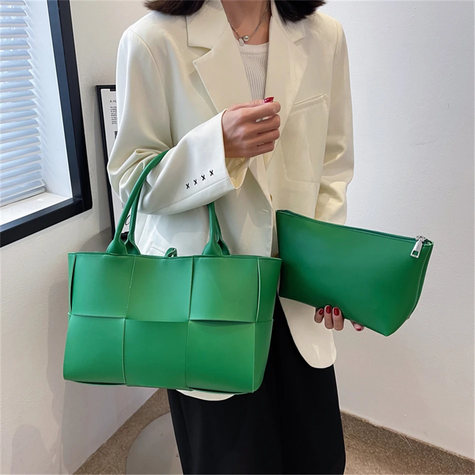 2 Set Weave Large Capacity Women's Tote Bags PU Leather Shoulder Bags for Women 2022 Fashion Lady Top-handle Bag Luxury Handbags