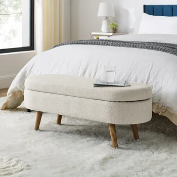 Beige Oval Storage Ottoman Bench – Rubber Wood Legs 1