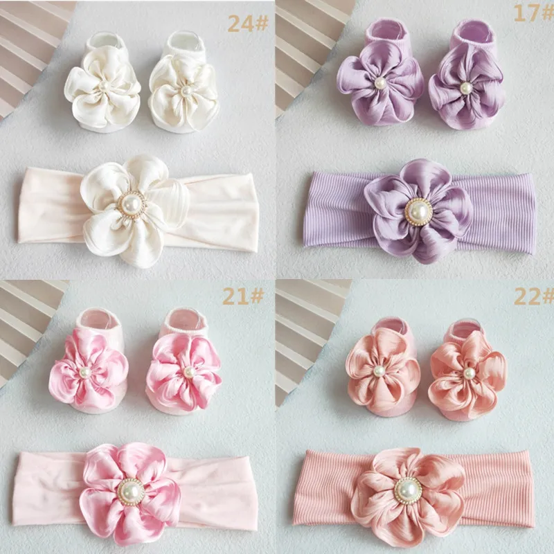 2 PCs Faux Pearl Baby Girls Headband Socks Set Bow Hair Band Head Wrap