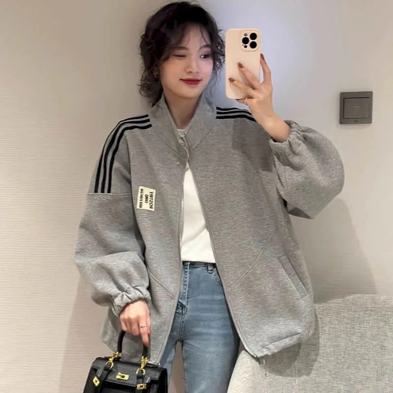 

Jackets for Women 100% Cotton Korean Style Loose Stand Collar Long Sleeve Cardigans Oversized Zipper Coats Casual Women Clothes