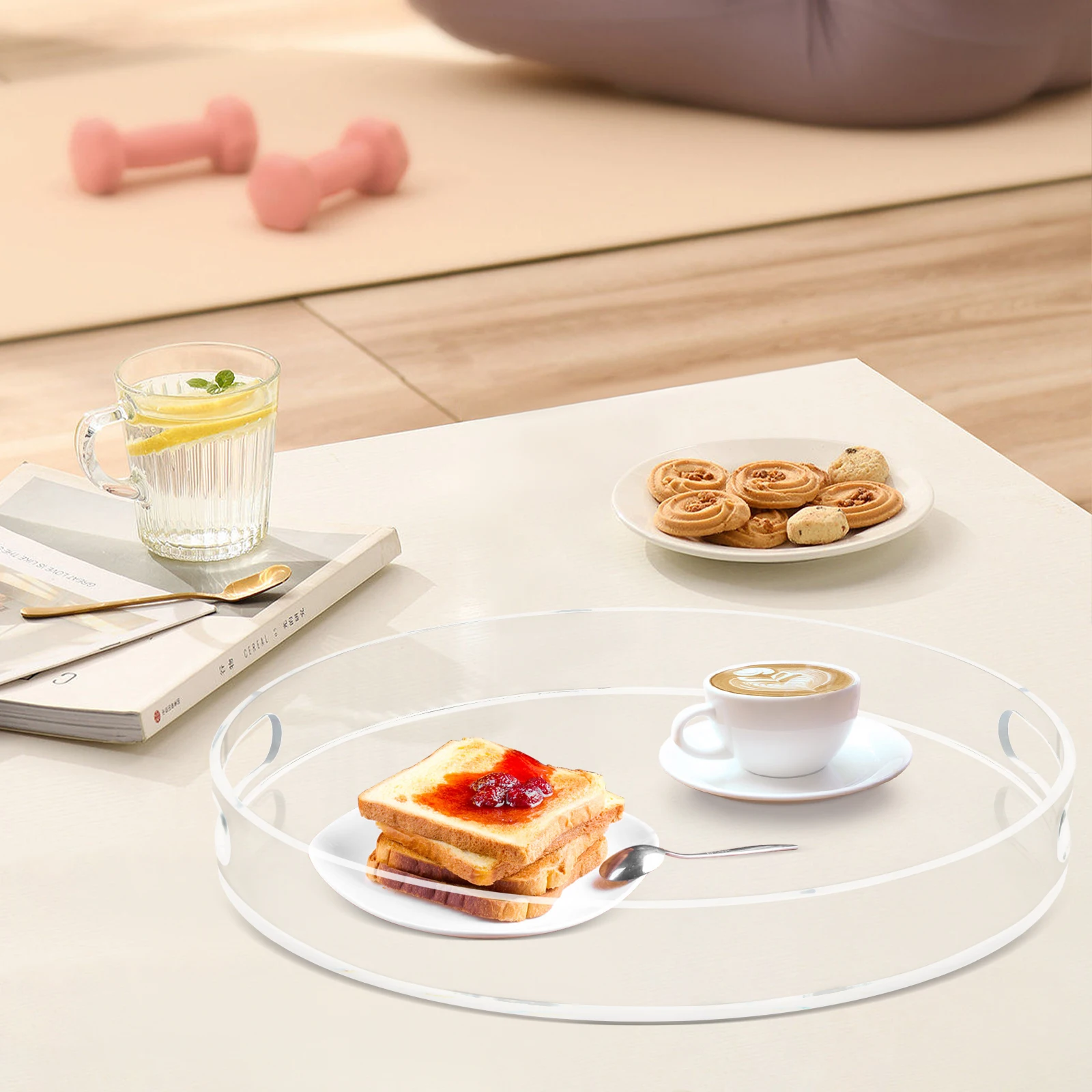 

15.75x15.75x1.97inch Clear Sturdy Acrylic Round Tray Built-in Handles for Kitchen Used As a Serving Tray