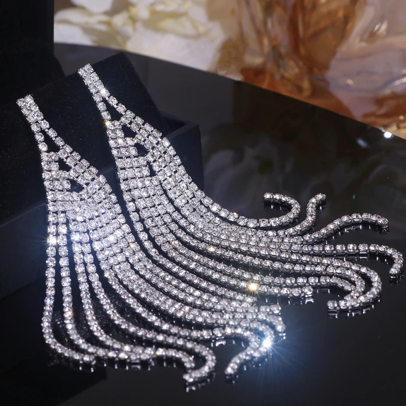 Fashion Luxury Full Rhinestone Long Drop Earrings For Women Silver