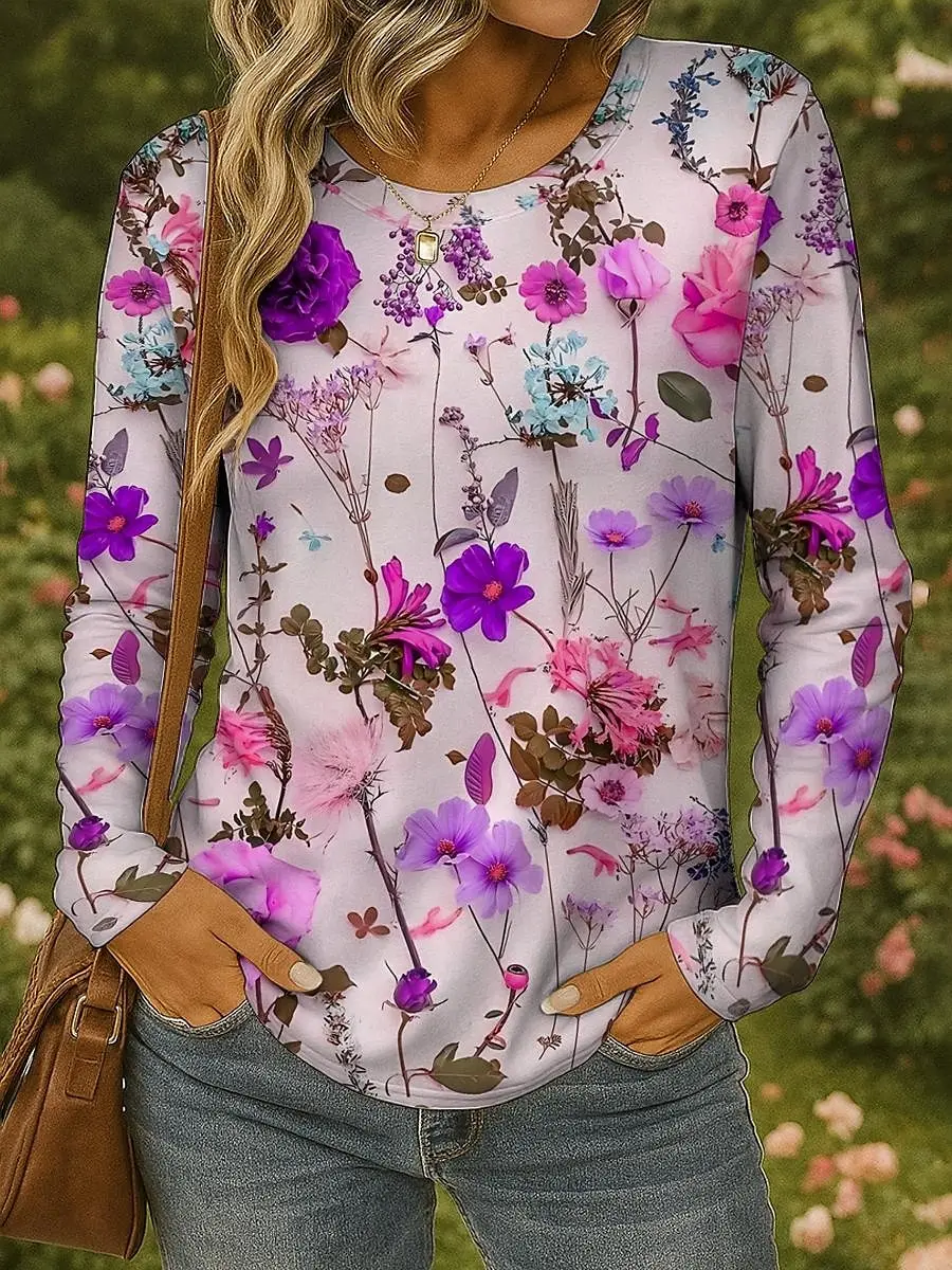T-shirt da donna con stampa floreale colorata 3D Moda manica lunga girocollo Top regolari Vacanza fine settimana Primavera Autunno 5