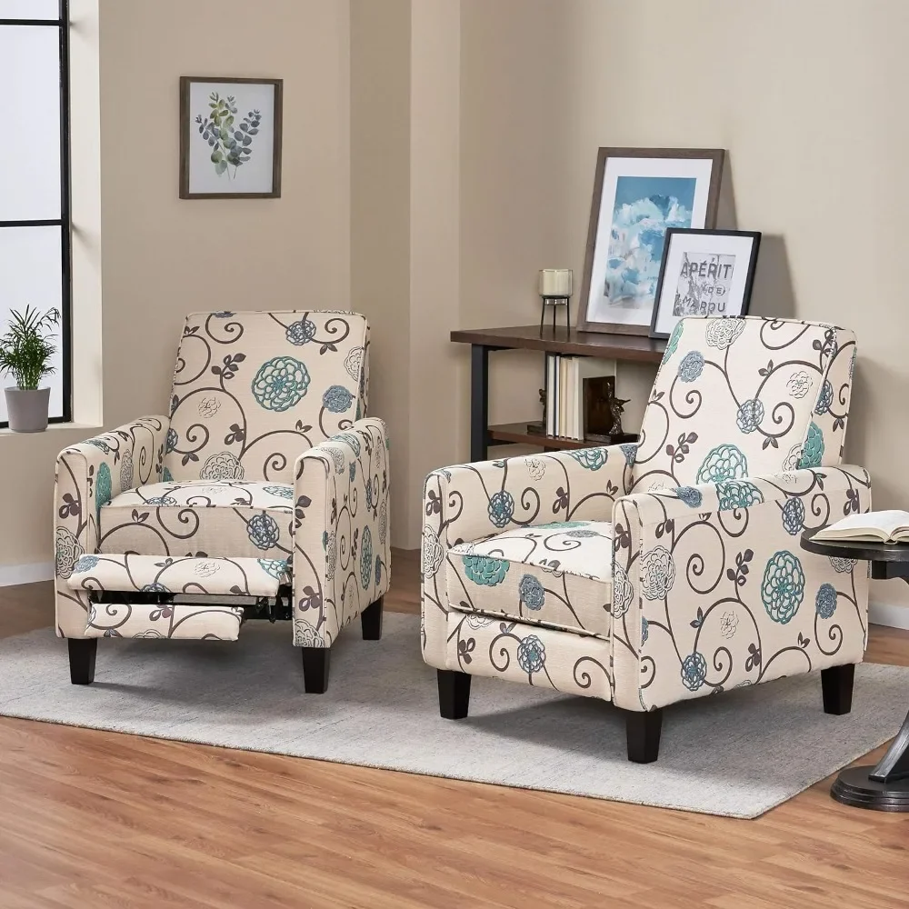 

Emmie Fabric Recliner (Set of 2) Portable Folding Chair Bed Light Beige With Blue Floral Rocking Chair for Home Lazy Armchair