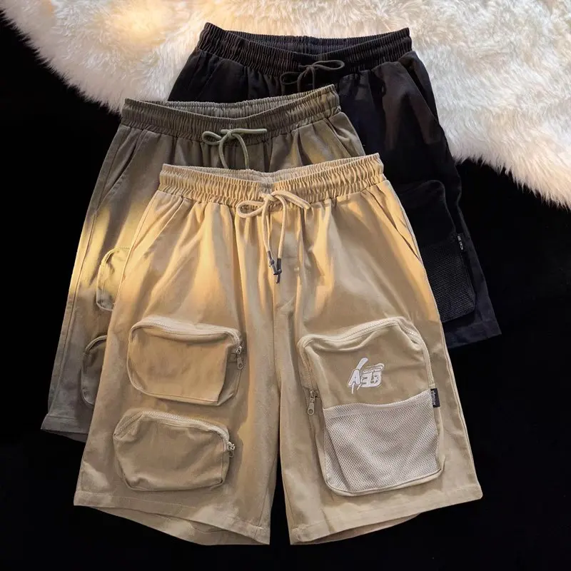 

American Hip Hop Workwear Shorts Men's Summer Cargo Short Pants Trendy Loose Straight Multiple Pockets Mesh Zipper Middle Pants